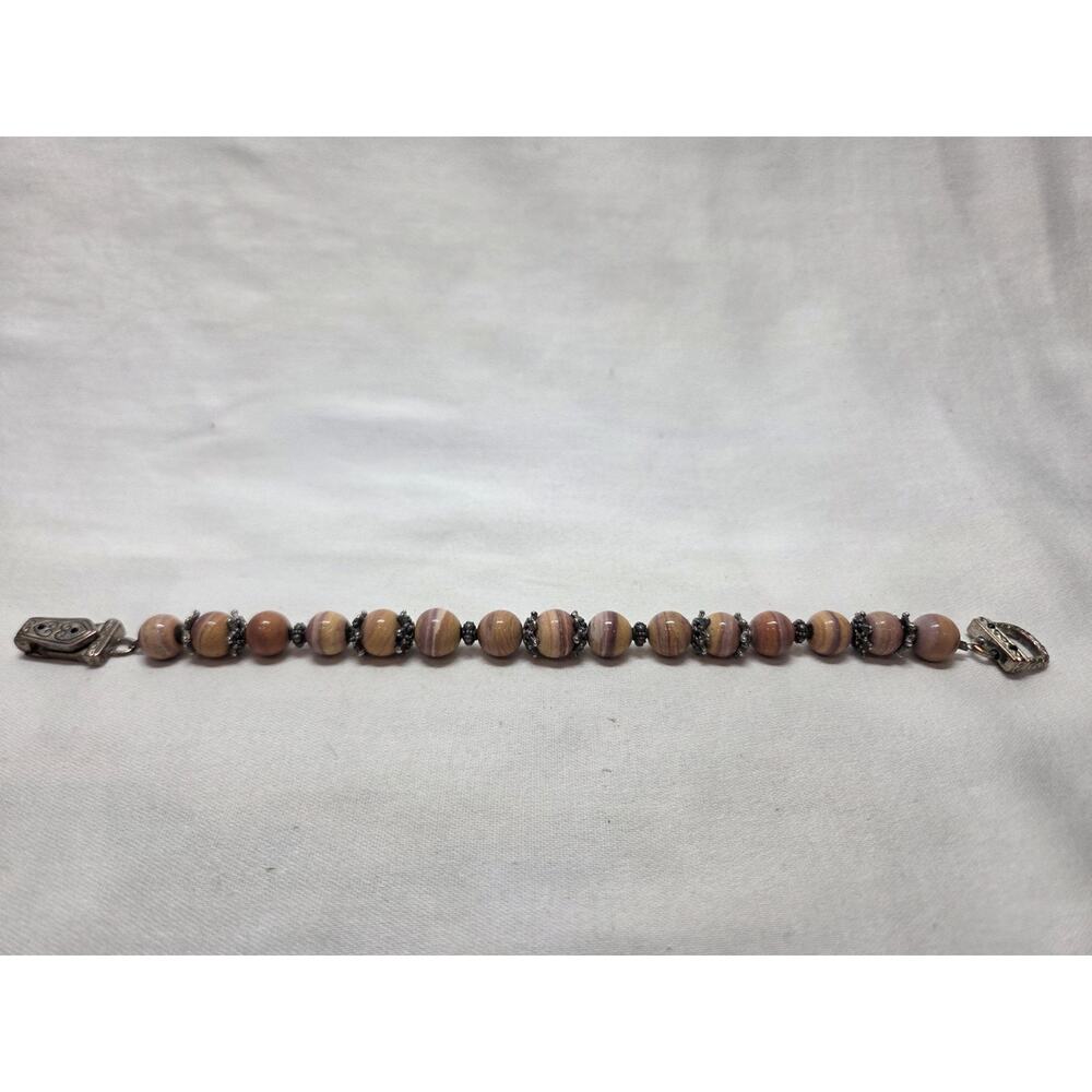 Brown Agate and Silver Beaded Bracelet 7 in Length
